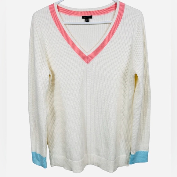 Talbots cotton-blend tennis sweater, M, vneck, cream, Classic Preppy Summer - Picture 1 of 8